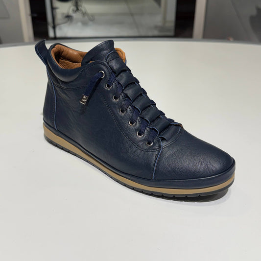 Navy Leather Lace-Up Ankle Boot with Contrast Sole