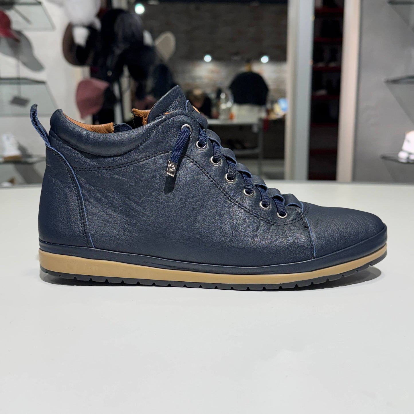 Navy Leather Lace-Up Ankle Boot with Contrast Sole