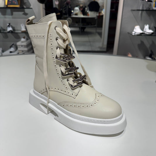 Ivory Leather Lace-Up Combat Boot with White Platform Sole