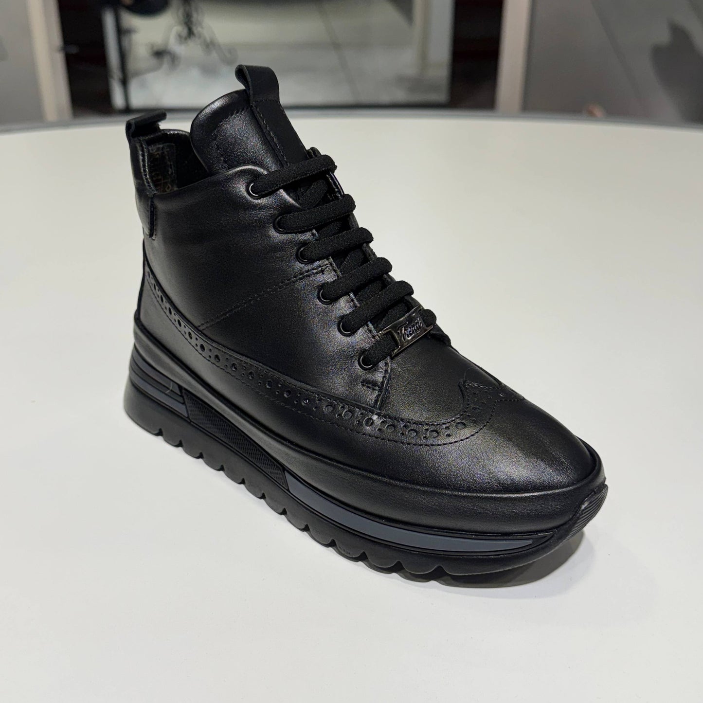 Black Lace-Up Mid-Top Sneakers With Brogue Detail